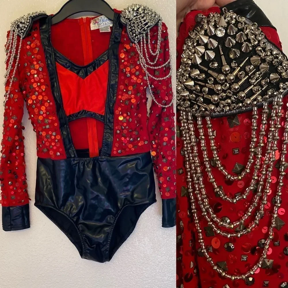 Glamour mature faux leather red goth grunge studed Dance Custom solo costume XLC